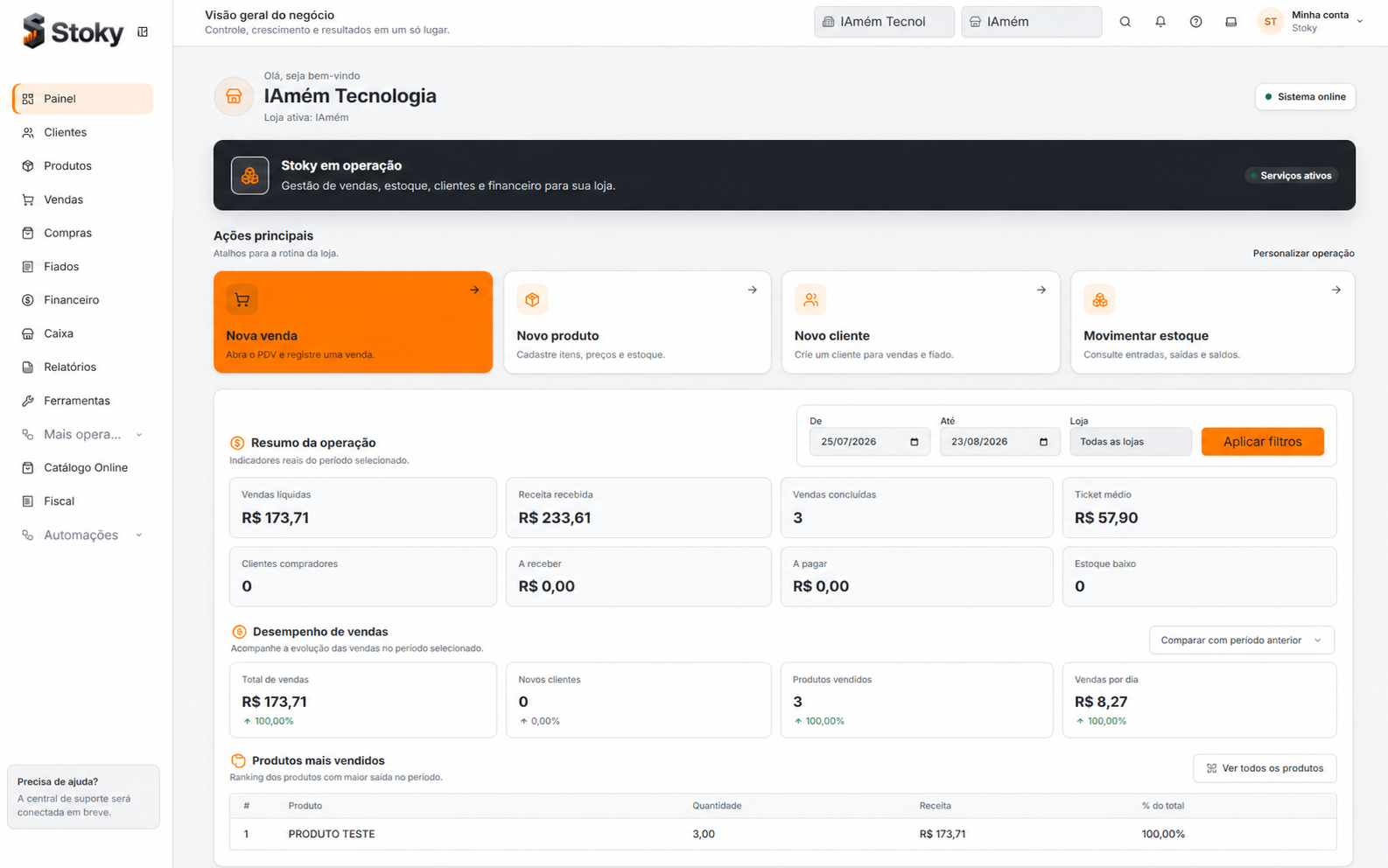 Dashboard completo do Stoky em um notebook, incluindo o menu lateral