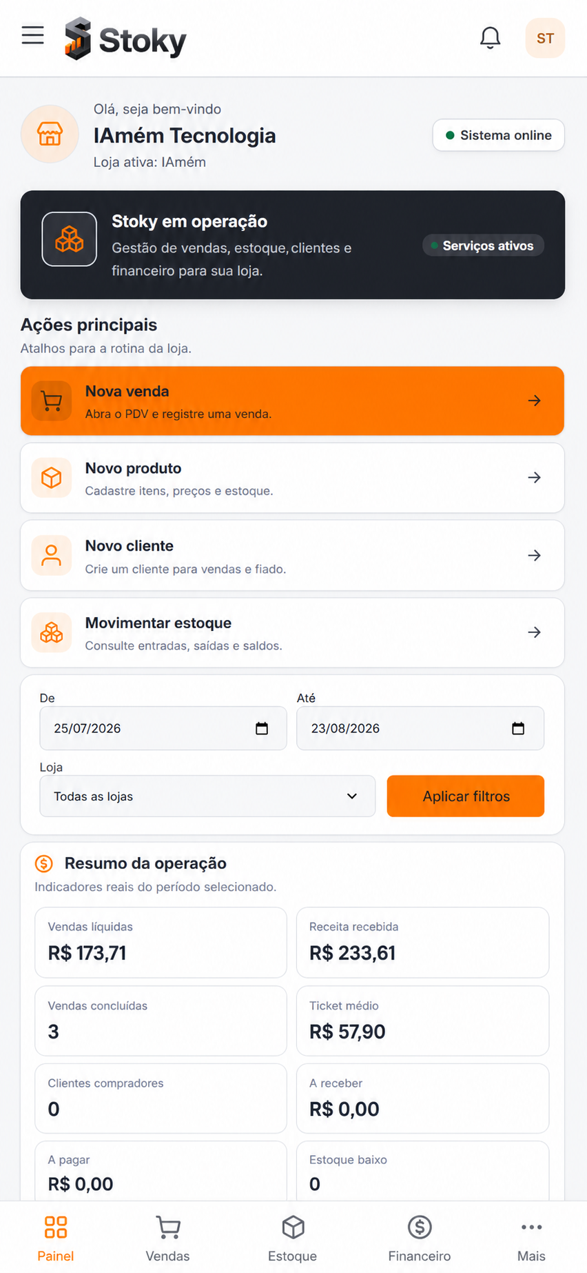 Dashboard do Stoky adaptado para celular